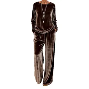 Women velvet loungewear set long sleeve top and wide leg pants casual two piece outfit