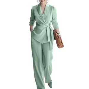 Elegante dames casual effen kleur ceintuur blazer en broek broekpak set voor de herfstmode.