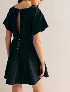 Casual women black mini dress featuring square neck short sleeves and button back cutout.