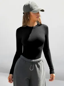 Women black ribbed long sleeve crewneck t-shirt slim fit y2k casual basic daily top wear