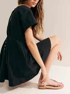 Chic black short sleeve dress with back buttons, casual summer mini dress for women.