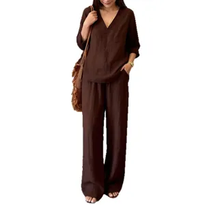 Women casual brown two piece set v neck long sleeve top and wide leg pants for autumn commute.