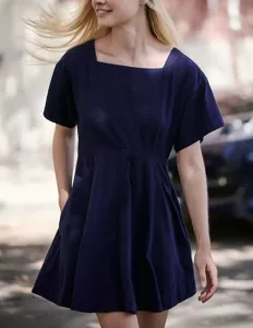 Details of the navy blue square neck short sleeve mini dress, showing stylish casual design.