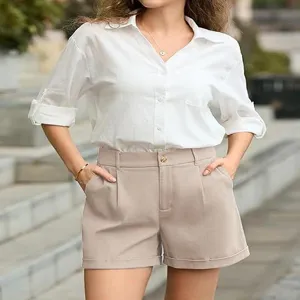 High-waist casual solid color straight shorts detail, perfect for summer daily commute wear.