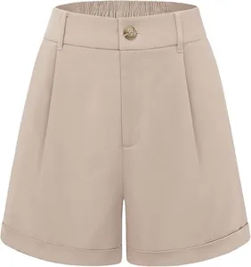 Close-up details of casual khaki shorts featuring front pleats, button closure, rolled cuffs.