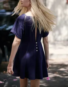 Women solid color square neck short sleeve mini dress with back buttons summer casual wear