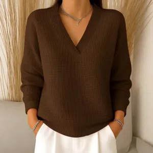 Women Autumn V-Neck Waffle Knit Solid Color Casual Long Sleeve Pullover Sweater Top Chic