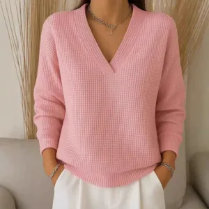 Women pink waffle knit v-neck long sleeve sweater, casual solid color casual pullover top.