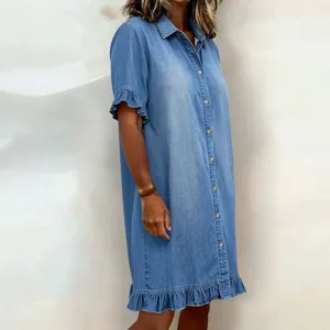 Women denim shirt dress summer casual ruffle short sleeve button down loose midi dress