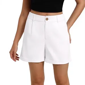 Women's high waist casual white shorts, loose fit straight summer dress pants, main view.
