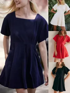 Women's Casual Square Neck Short Sleeve Solid Color A-Line Mini Dress Fashion Button Up Summer Dress Party Apparel