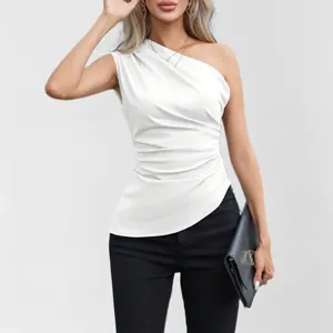 Women Solid Color Sleeveless Oblique Collar Sexy One Shoulder Crop Top Summer Fashion