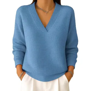 Women Waffle Knit V-Neck Long Sleeve Pullover Sweater Casual Solid Color Top Autumn