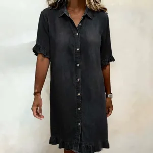 Women short sleeve denim shirt dress summer casual loose ruffled button down midi dress apparel