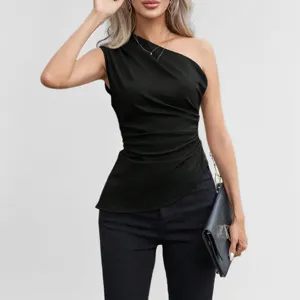 Women's Sexy Slash Neck One Shoulder Sleeveless Slim Fit Crop Top Solid Color Casual Streetwear T-Shirt