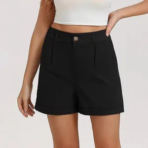 High-waisted black casual shorts for women, loose fit straight leg chic summer daily wear.