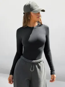 Dark grey ribbed long sleeve crop top, slim fit crew neck Y2K basic women top shirt.