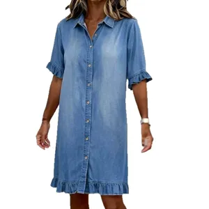 Women Blue Denim Shirt Dress Casual Short Sleeve Ruffle Hem Single Breasted Midi Dress