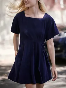 Stylish Women Navy Blue Square Neck Short Sleeve Casual Mini Dress Featuring Pockets