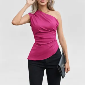 Detail view of a stylish hot pink one shoulder sleeveless top for women, perfect sexy apparel.