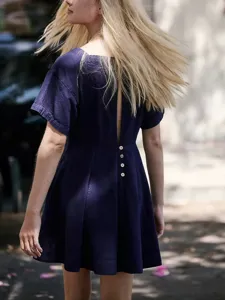 Women's square collar short sleeve button casual mini dress in dark blue, main view.