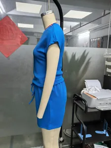 Ensemble deux pièces en tricot gaufré décontracté haut à manches courtes short bleu streetwear 2026