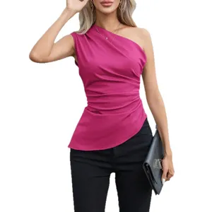 Women one shoulder sleeveless solid color ruched top elegant slim party clubwear blouse
