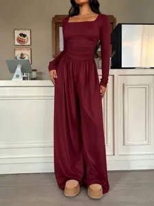 Long sleeve square neck solid color wide leg jumpsuit casual fashion elegant apparel.