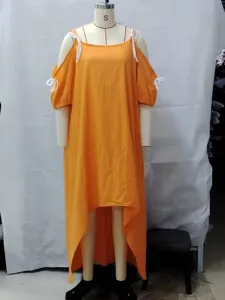 Women cold shoulder high low dress casual chic strap sleeve solid color summer apparel