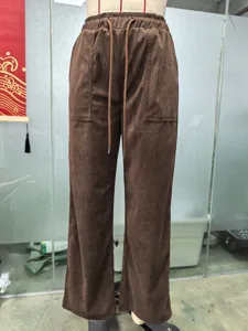 Pantaloni larghi in velluto a coste marrone donna vita alta coulisse elastica casual invernale