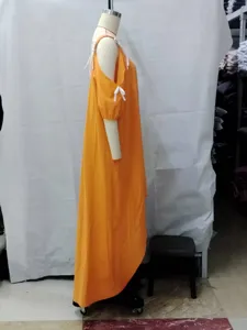 Casual color-block cross strap linen maxi dress, stylish off-shoulder side view detail.