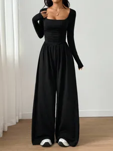 Women long sleeve square neck solid black wide leg casual jumpsuit for elegant daily wear.