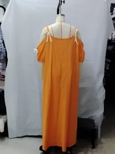 Women casual off-shoulder orange maxi dress with white strap bow details for summer.