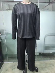 Ensemble haut manches longues plissé noir et pantalon large mode casual côtelée