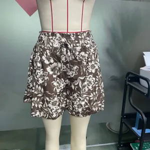 Shorts taille haute à imprimé floral marron pour femmes été décontracté cordon de serrage