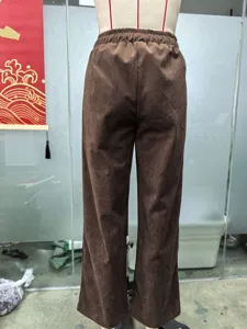 Pantaloni donna velluto a coste inverno vita alta elastica marrone gamba larga casual