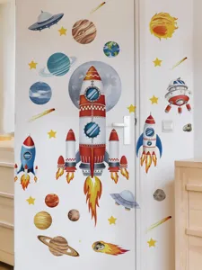 Stickers muraux espace chambre enfant, autocollants fusée et planètes, décoration murale.