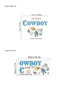Detailed layout and paste effect dimensions of the cowboy theme baby wall sticker, showing sizing.