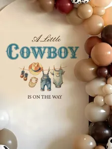 Cowboy boy wall sticker with English lettering and balloon arch for party decoration use.