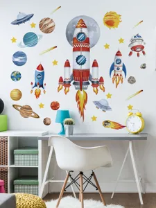 Stickers Muraux Espace Fusée Planètes Autocollants Muraux pour Chambre Enfant Garçon