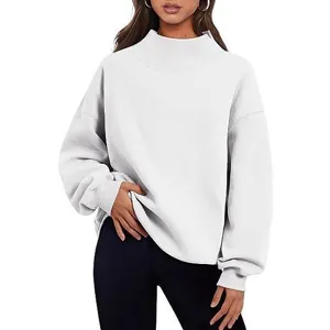 Femmes col montant manches longues sweat-shirt pullover uni haut décontracté hiver