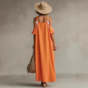 Orange off shoulder cotton linen maxi dress with bow straps for women summer casual wear.
