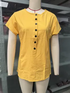 Women solid color short sleeve yellow top with front buttons casual summer blouse basic tee