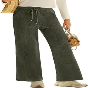 Pantaloni larghi in velluto a coste da donna vita alta elastica casual con tasche verde invernale