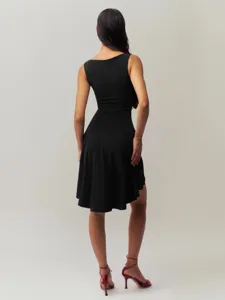 Detail view of a sleek black sleeveless fitted dress back showcasing tailored seams and flare hem.