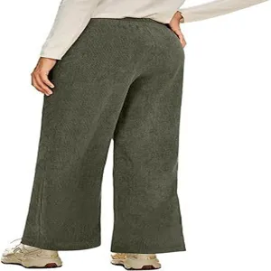 Donna verde pantalone velluto a coste gamba larga casual vita alta lungo stile
