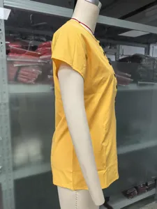 Solid color short sleeve women top with front buttons, detail view of casual summer apparel.