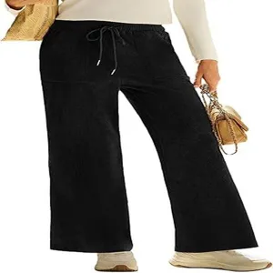 Pantaloni larghi in velluto a coste nero vita alta elastico con coulisse casual da donna.