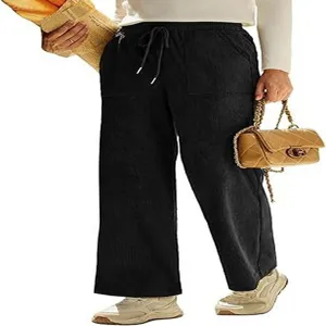 Pantaloni lunghi larghi in corduroy nero da donna, pantaloni casual a vita alta con tasche.