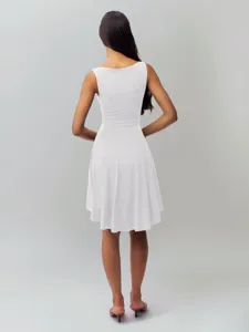 Detailed back view of a solid white sleeveless boat neck mini dress, slim fit design.